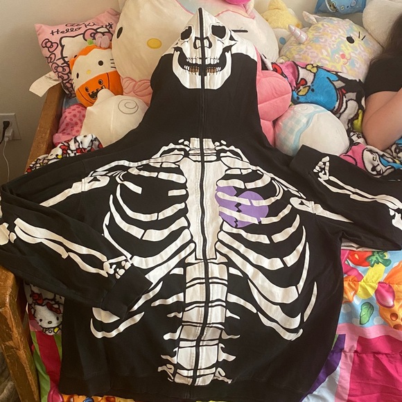 VTG Skeleton Print Black Mask with Eyes And Grill Hoodie